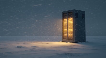 A server rack glows in a snowy landscape with falling snow and a cold atmosphere