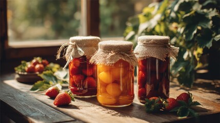 Rustic Wooden Table with Two Jars of Fruit