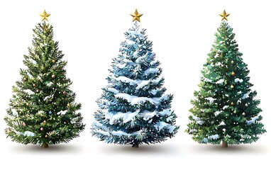 Fototapeta premium Decorative Christmas Trees with Gold Stars and Various Foliage Styles.
