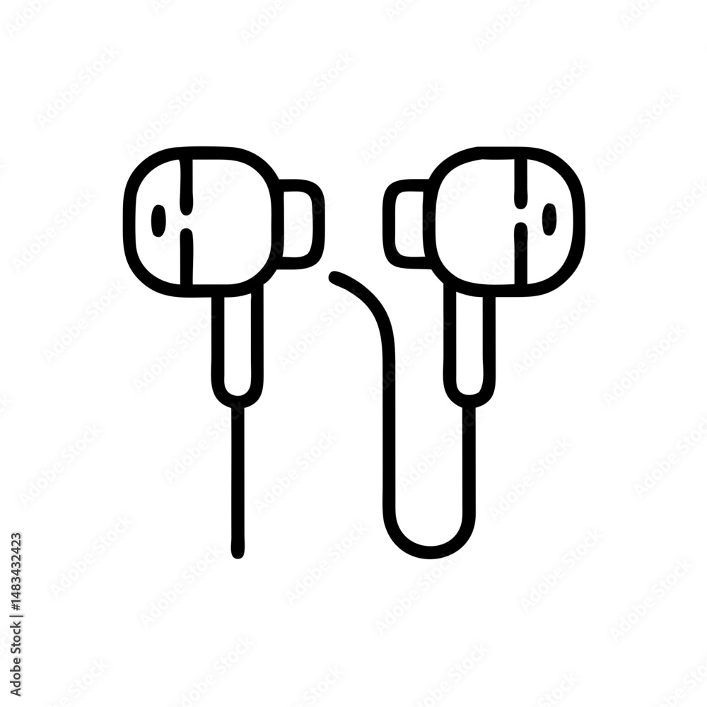 Poster wired earbuds audio icon representing music listening device and sound accessory with cable connecti