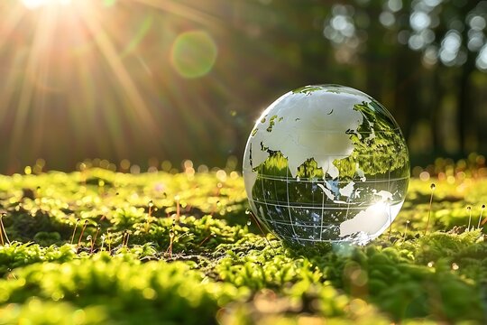 Glass Crystal Ball on Forest Moss with Sunlight Reflection &ndash; Magical Nature Photography Concept 