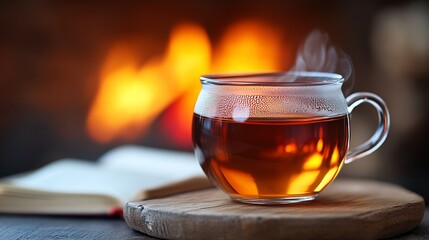 Warm tea by fireplace