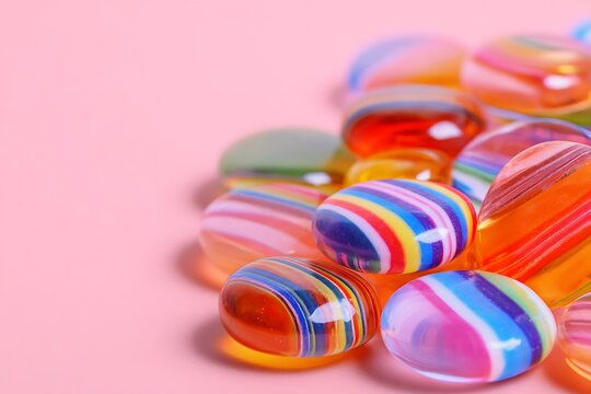 Bright Colorful Glass Marbles on Pink Background &ndash; Playful Abstract 3D Composition  
