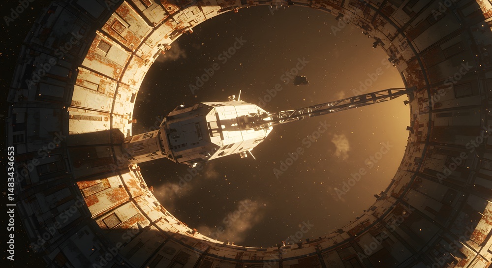 Poster a view of a space station with a ring structure in a dark space environment view