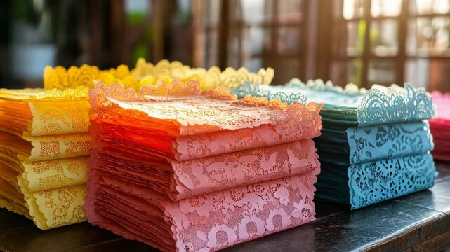 Close-up view of a tidy pile of folded papers on a rustic table surface, organized and ready for use
