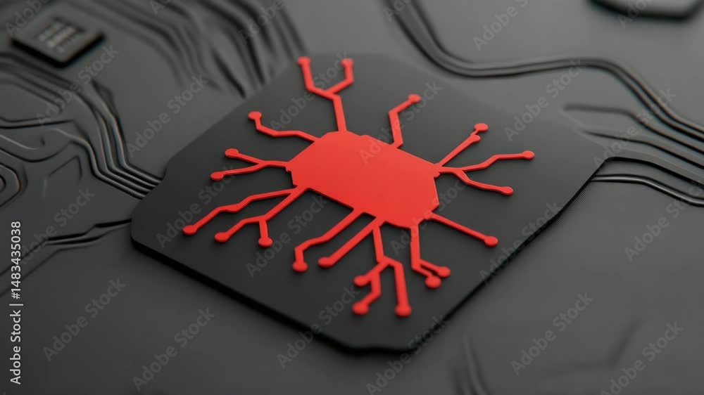 Aufkleber digital circuitry: a detailed perspective on a red circuit board element, representing cutting-edge 