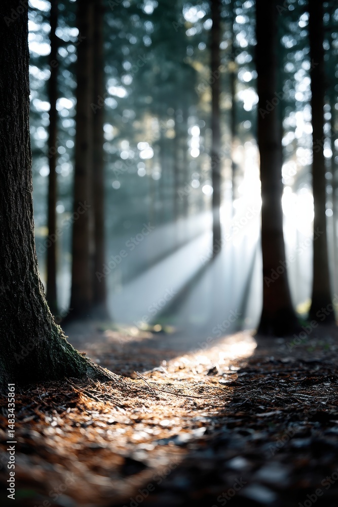 Poster enchanting half-light filtering through trees in a serene forest setting