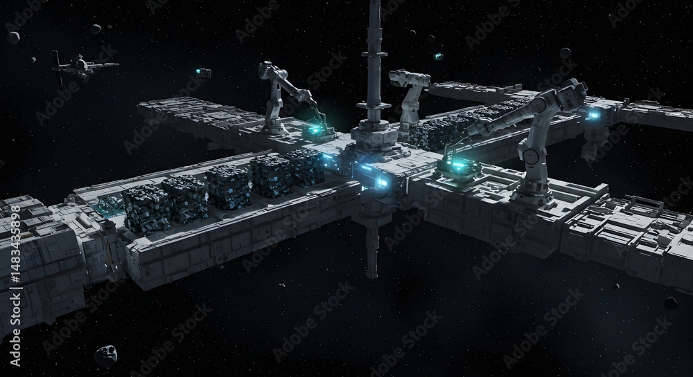 Poster a futuristic space station with robotic arms and cargo containers in deep space view