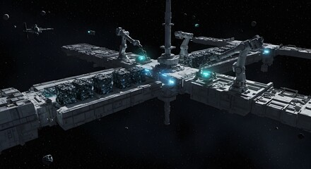 A futuristic space station with robotic arms and cargo containers in deep space view
