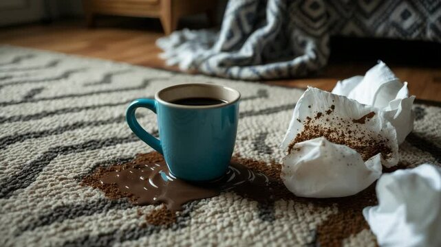 Chevron patterned carpet with spilled coffee grounds and cleaning wipes