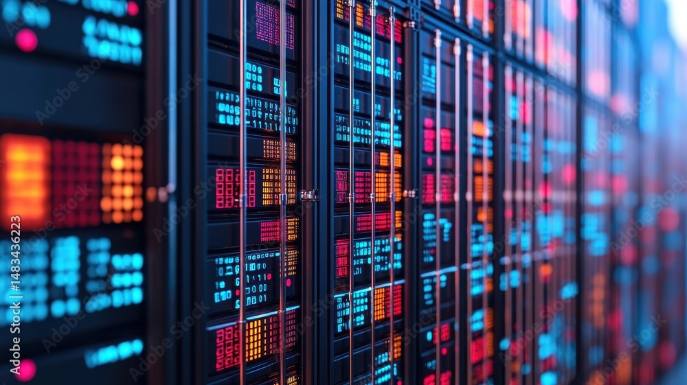 Aufkleber shipping supply customs concept. digital data servers illuminated with colorful lights in a modern t