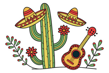 102 colorful mexican cactus with sombrero hats, acoustic guitar, maracas, flowers, vibrant, detailed, traditional, digital art