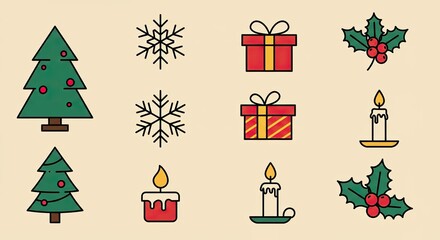 Festive Christmas Icons in a Simple and Colorful Minimalist Design on Beige Background