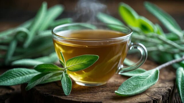 Sage herbal tea or decoction prepared with fresh herb leaves showcased on a rustic wooden surface, close-up, emphasizing natural medicine and theme