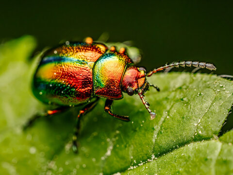 Colorful dead-nettle leaf beetle Resting on Vibrant Green Leaf in Macro Close-Up