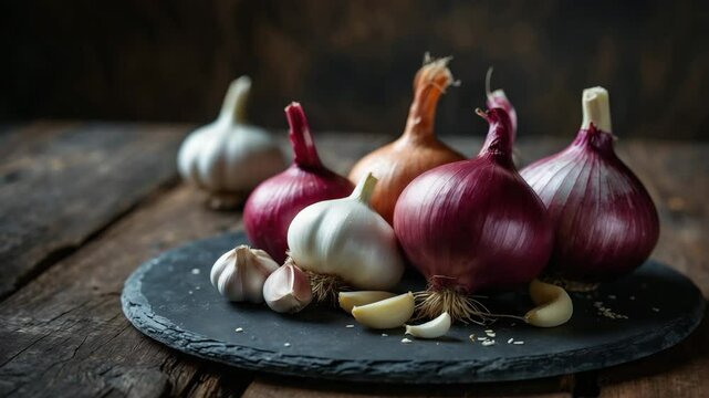 Wooden table close-up of plate with fresh garlic and onion