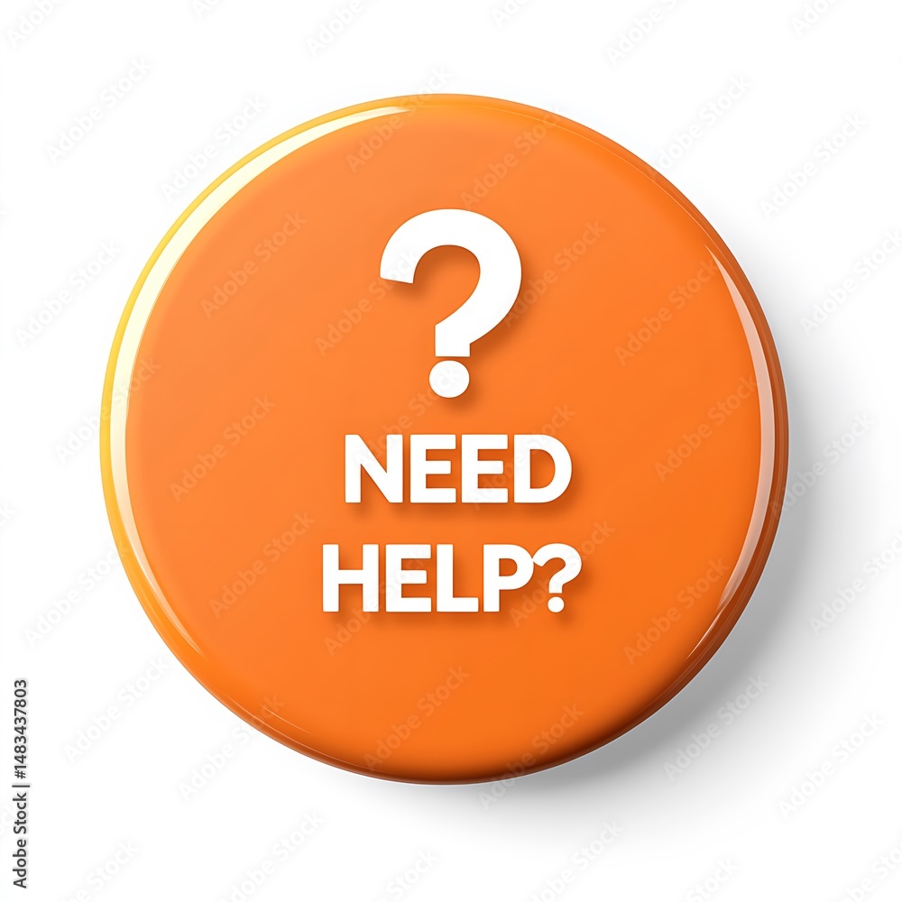 Poster assistance needed: a bright orange badge displaying a question mark and text for support and guidanc