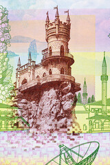 100 Rubles banknote of Russia with the image of the Swallow's Nest castle. Crimea occupied by Russia. Paper money of Russia.