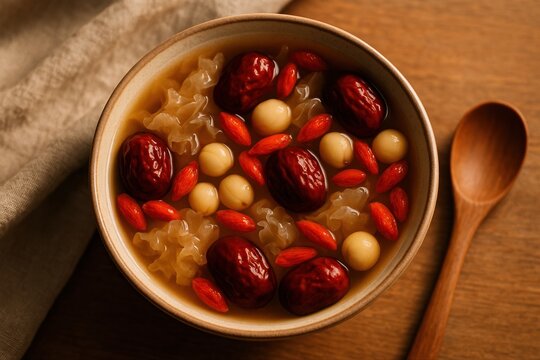 Cheng Tng, a comforting and nourishing Chinese dessert soup, featuring red dates, dried longans, goji berries, and white fungus, served in a bowl