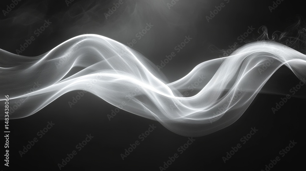 Poster abstract design with flowing white shapes on a dark background.