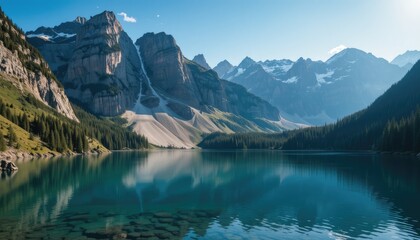 Naklejka premium Majestic Mountain Lake Reflection: A Serene Escape in Nature