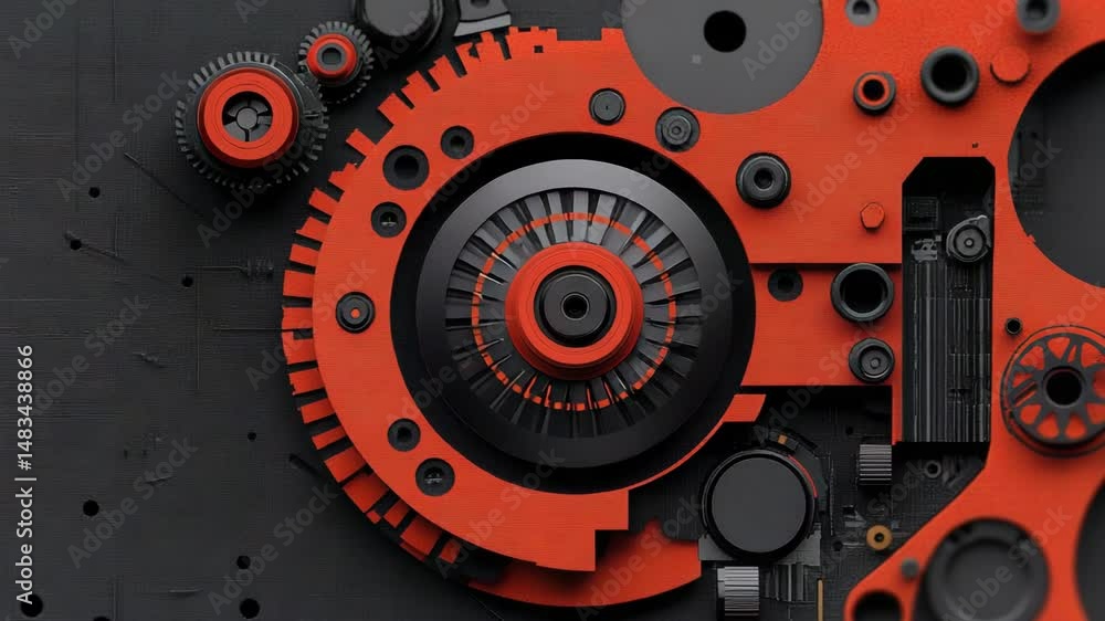 Poster abstract engineering: a vibrant close-up of intricate mechanical components with a strong color cont