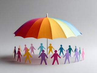 Colorful paper figures under an umbrella symbolize unity, diversity, and protection in social issues.