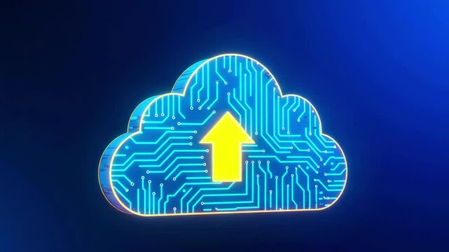 Digital cloud symbol with circuit patterns and an upward arrow on a blue background, representing data transfer