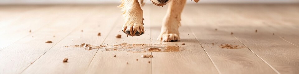 Muddy dog joyfully dashes inside, leaving paw prints on clean floors after a refreshing rainstorm