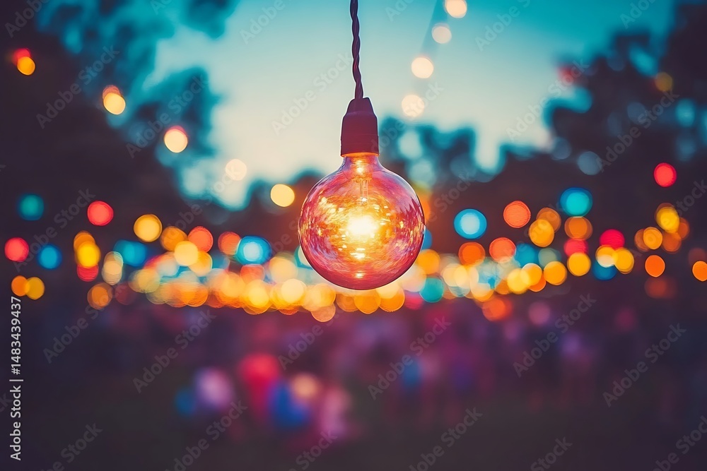 Poster warm illumination lightbulb in focus with bokeh lights in the background