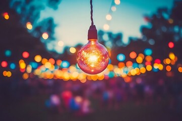 Obraz premium Warm illumination lightbulb in focus with bokeh lights in the background