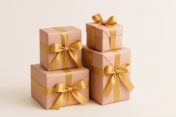 Obraz premium Pink gift boxes with golden ribbon bows stacked on a beige background create a luxurious and festive atmosphere