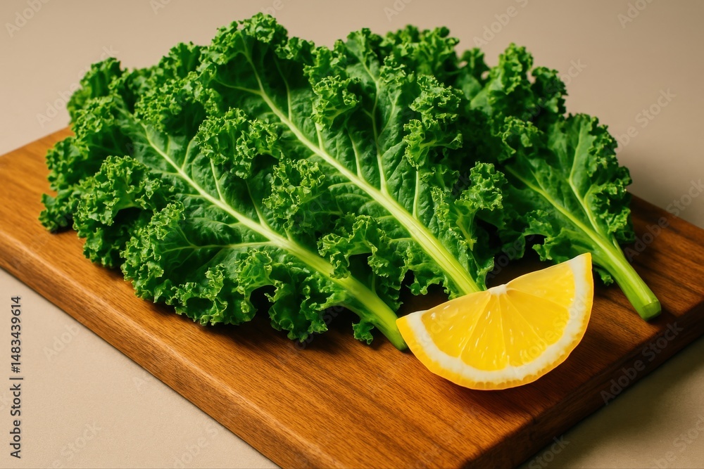 Poster fresh kale leaves and a lemon slice are arranged on a wooden cutting board, creating a simple yet ap