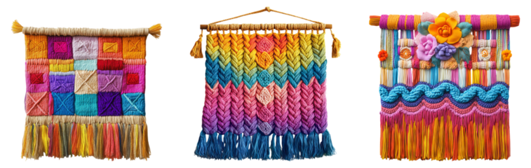 Colorful Textile Wall Hangings Isolated on Transparent Background