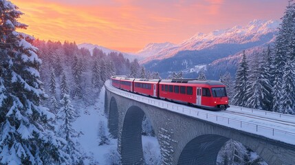 Naklejka premium Scenic train journey through snowy mountain valley at sunrise