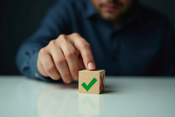 Businessman is thinking and making choices right from wrong symbols. Decide to vote accept or not. Yes or No decisions, business options in difficult situations. True False, crisis decision making.