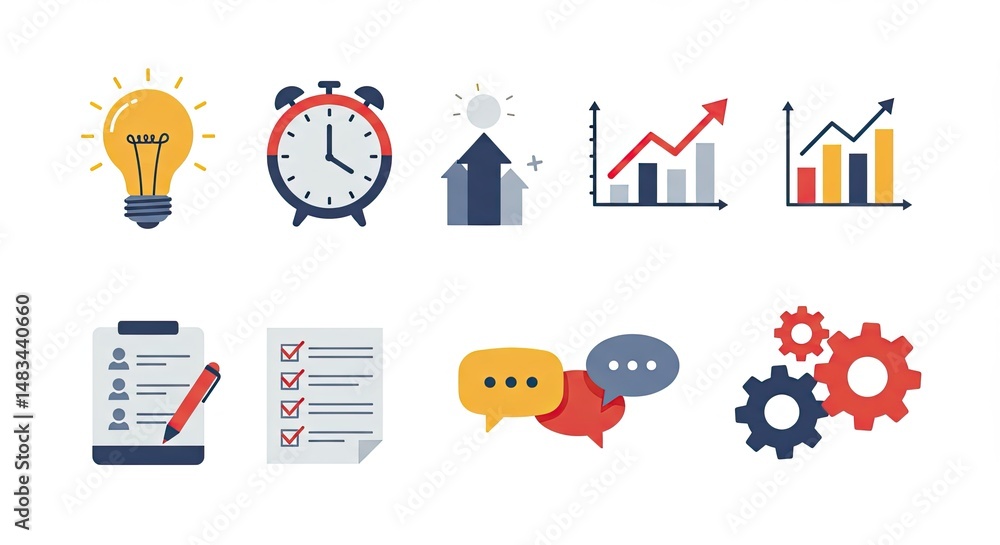 Poster flat design icons representing business, strategy, and productivity concepts.