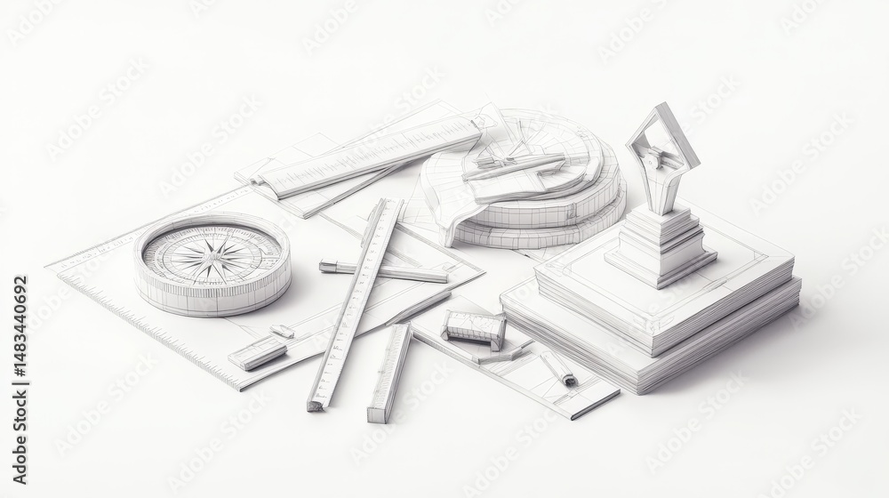 Poster intricate papercraft design of various tools and objects.