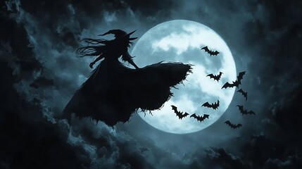 Witch silhouette flies at night