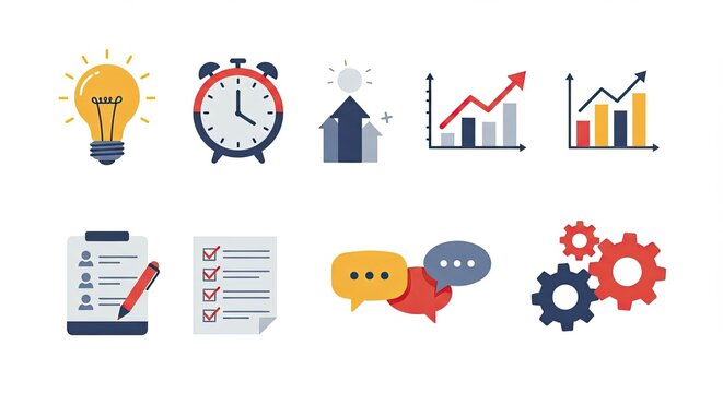 Flat design icons representing business, strategy, and productivity concepts.