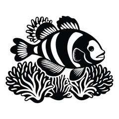 Clownfish hiding in coral in stylized vector, Clownfish vector illustration, Clownfish logo vector, Clownfish vector icon