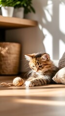 A playful kitten joyfully interacts with a ball of yarn on a warm wooden floor, captured in soft lighting for a cozy atmosphere.