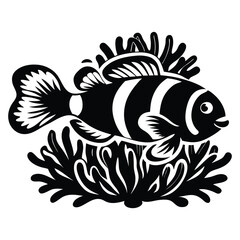 Clownfish hiding in coral in stylized vector, Clownfish vector illustration, Clownfish logo vector, Clownfish vector icon
