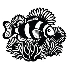 Clownfish hiding in coral in stylized vector, Clownfish vector illustration, Clownfish logo vector, Clownfish vector icon