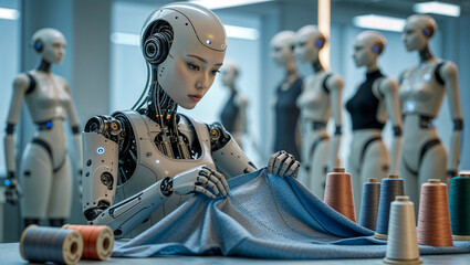a humanoid robot with a lifelike face concentrates intently as it inspects and folds fabric with remarkable precision.