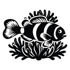 Clownfish hiding in coral in stylized vector, Clownfish vector illustration, Clownfish logo vector, Clownfish vector icon