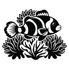 Clownfish hiding in coral in stylized vector, Clownfish vector illustration, Clownfish logo vector, Clownfish vector icon
