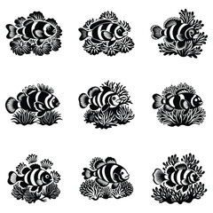 Clownfish hiding in coral in stylized vector, Clownfish vector illustration, Clownfish logo vector, Clownfish vector icon