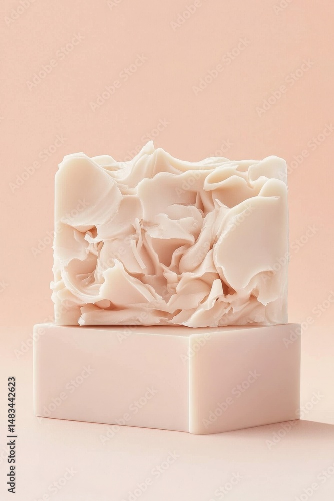 Poster two pale soaps sit stacked. top soap has rough texture. bottom soap is plain. neutral background. cl