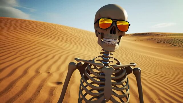 Skeleton wearing sunglasses poses in a sunlit desert landscape with rippling sand dunes in the background - cartoon characters skeleton